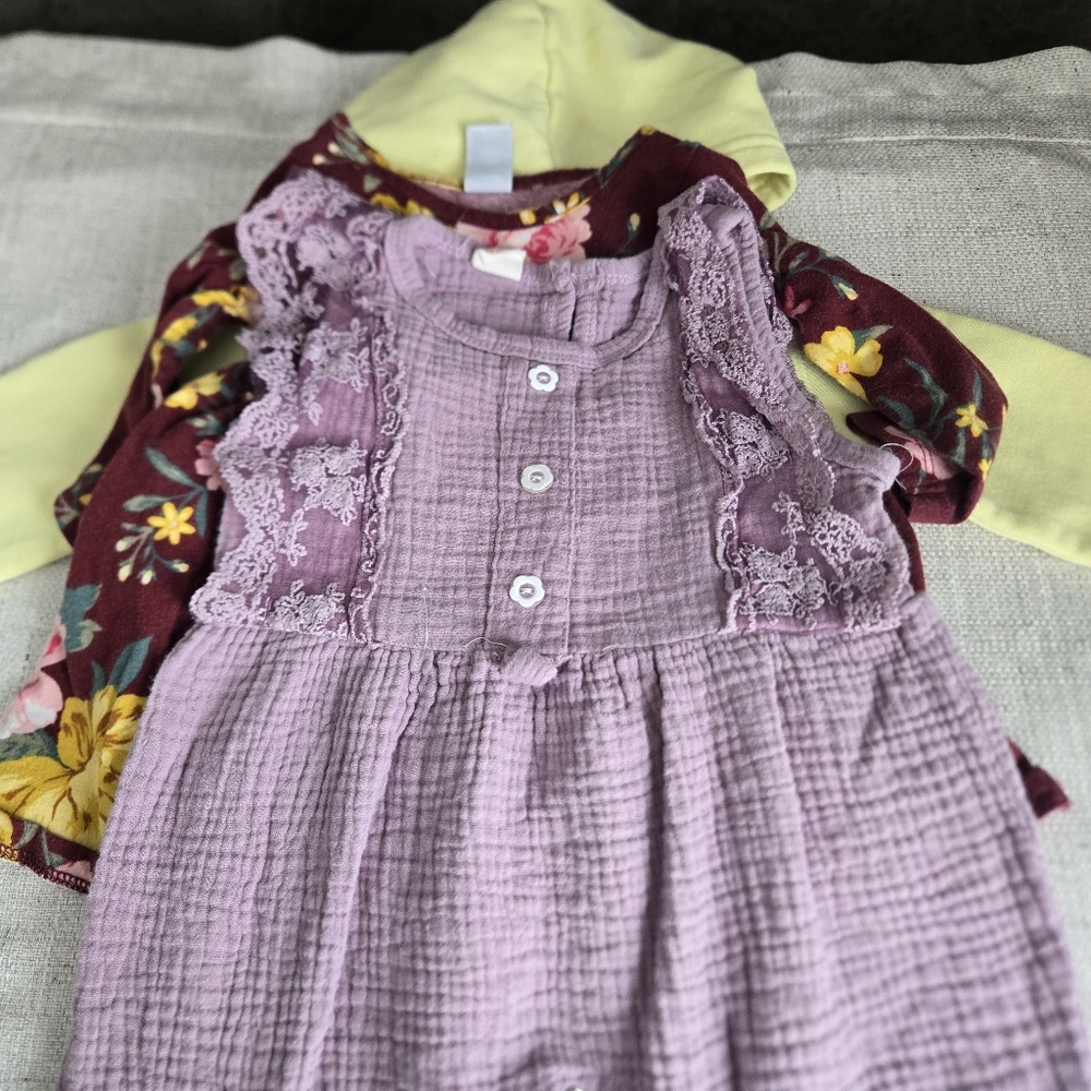 Baby Bundle - Mauve Lavender Baby Dress Romper with Lace Trim